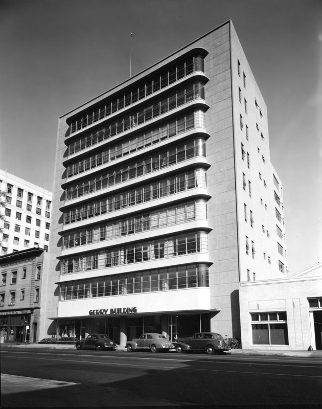 Archival view of The Gerry Building's Art Deco facade in the LA Fashion District