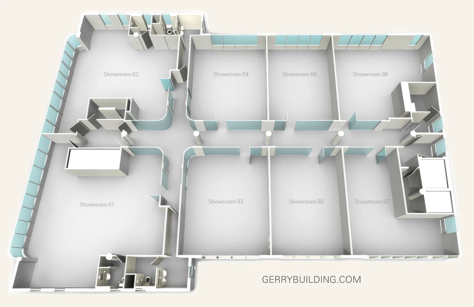 Typical Gerry Building floor plan showing showrooms 01 through 08
